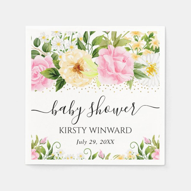 Watercolor Yellow and Pink Flowers Baby Shower Napkin (Front)