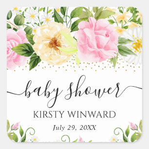 Watercolor Yellow and Pink Flowers Baby Shower Square Sticker