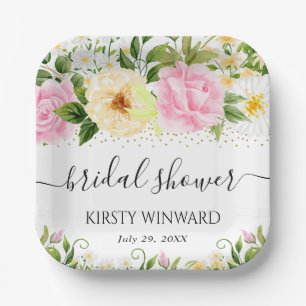 Watercolor Yellow and Pink Flowers Bridal Shower Paper Plate