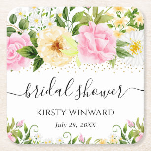 Watercolor Yellow and Pink Flowers Bridal Shower Square Paper Coaster