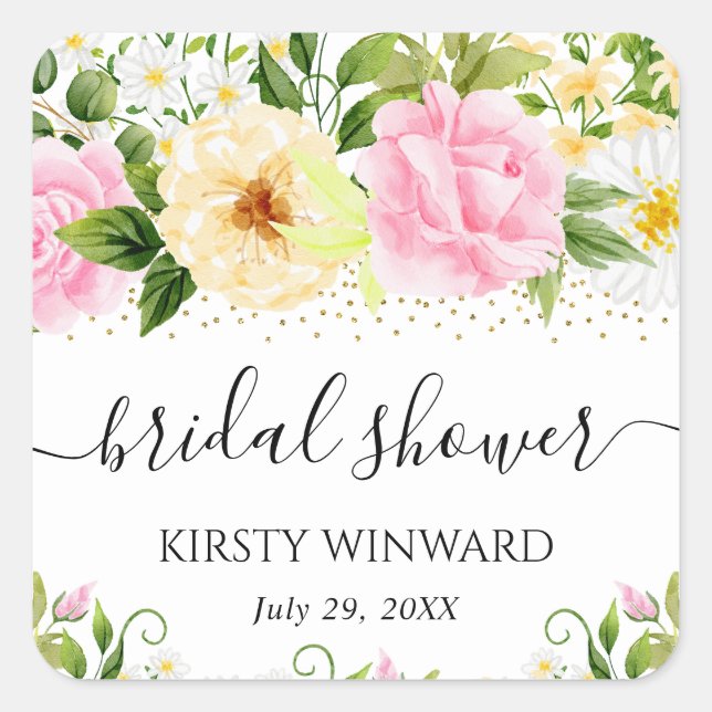 Watercolor Yellow and Pink Flowers Bridal Shower Square Sticker (Front)