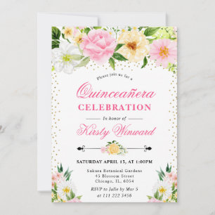 Watercolor Yellow and Pink Flowers Quinceanera Invitation