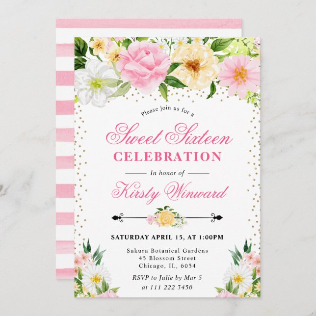 Watercolor Yellow and Pink Summer Flowers Sweet 16 Invitation (Front/Back)