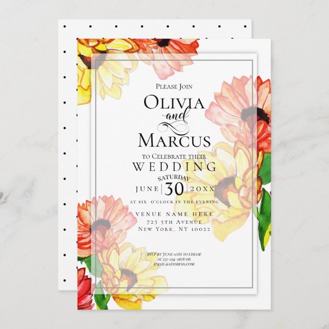 Watercolor Yellow and Red Gerbera Daisies Invitation (Front/Back)