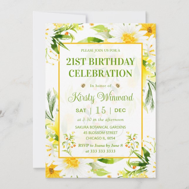 Watercolor Yellow and White Daisies Birthday Invitation (Front)