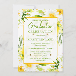Watercolor Yellow and White Daisies Graduation Invitation