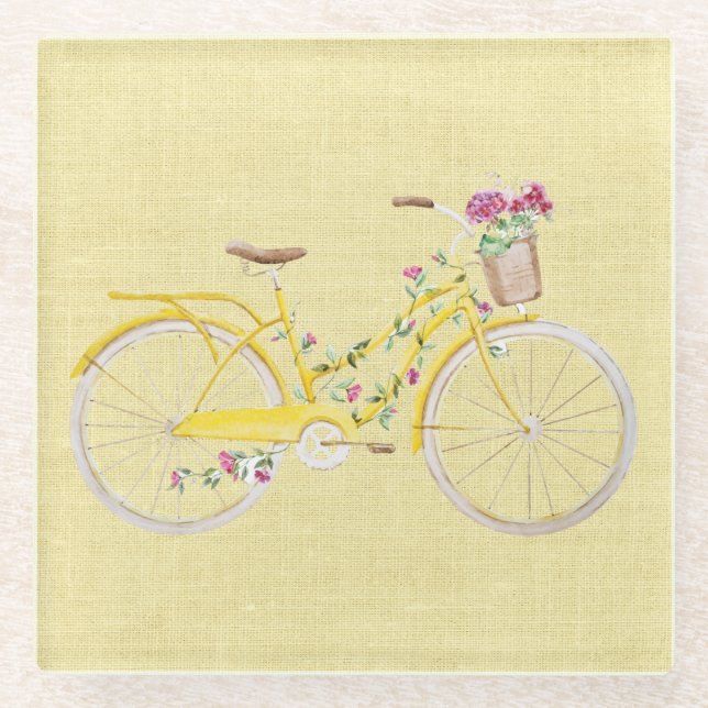 Watercolor Yellow Bike Glass Coaster (Front)