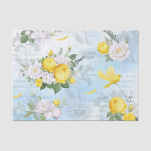 Watercolor Yellow Bird and Floral Pattern Collage Tissue Paper