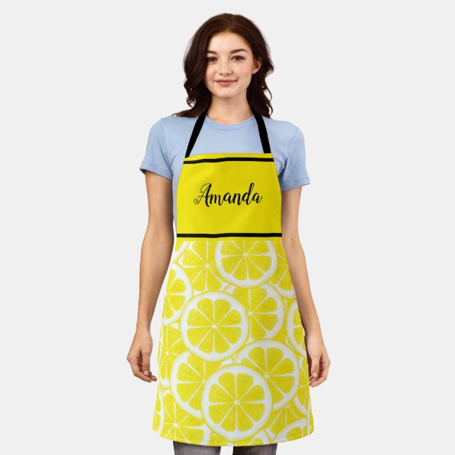Watercolor yellow black lemon pattern personalised apron (Worn)