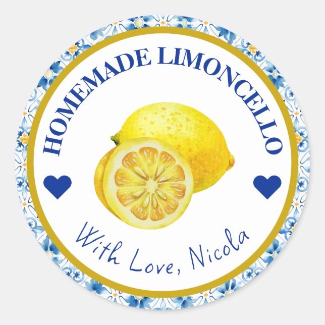 Watercolor Yellow & Blue Homemade Limoncello Classic Round Sticker (Front)