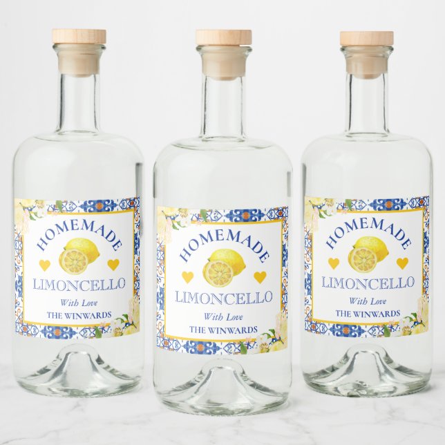 Watercolor Yellow & Blue Homemade Limoncello Liquor Bottle Label (Bottles)