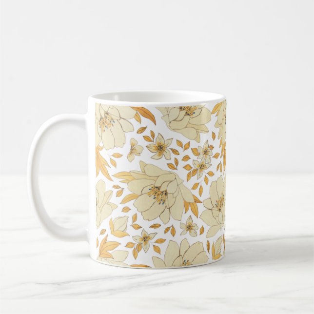 Watercolor Yellow Brown Floral Pattern Coffee Mug (Left)