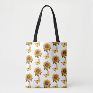 Watercolor Yellow Butterfly Sunflower Pattern Tote Bag