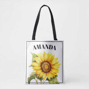 Watercolor Yellow Custom Curved Name Sunflower Tote Bag