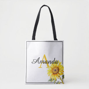 Watercolor Yellow Custom Monogramed Sunflower Tote Bag