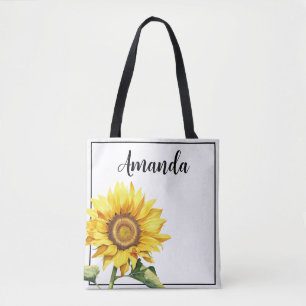 Watercolor Yellow Custom Name Rustic Sunflower Tote Bag