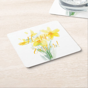 Watercolor Yellow Daffodils /Happy Easter Square Paper Coaster