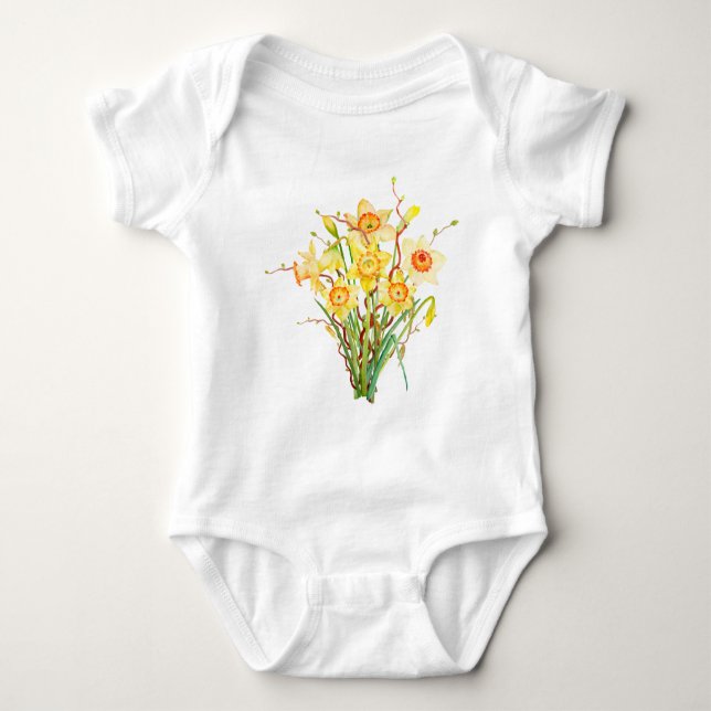 Watercolor Yellow Daffodils Spring Flowers Baby Bodysuit (Front)