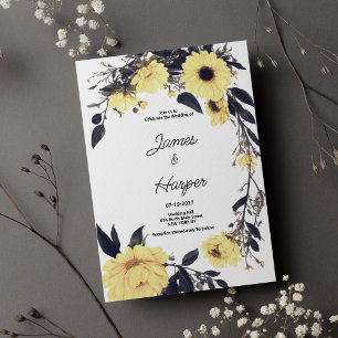Watercolor yellow dark grey daisy floral Wedding Invitation