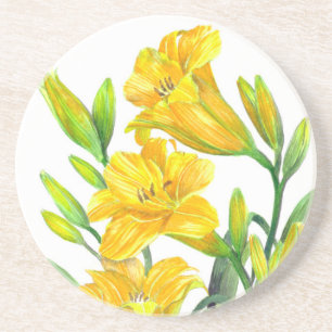 Watercolor Yellow Day Lilies Floral Art Coaster