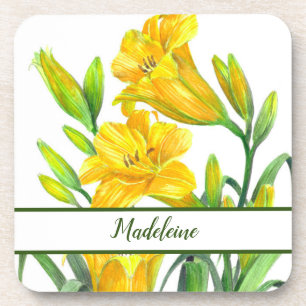 Watercolor Yellow Day Lilies Flower Portrait Coaster