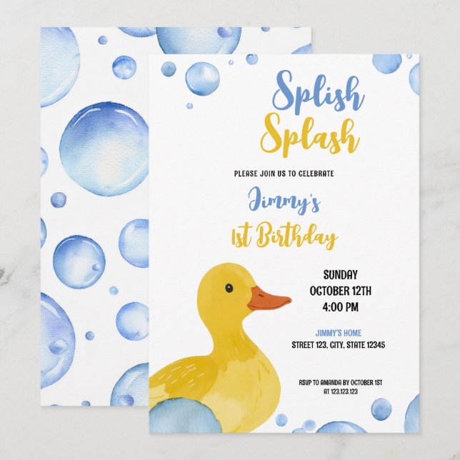 Watercolor Yellow Duck Baby Boy Birthday Invitation (Front/Back)