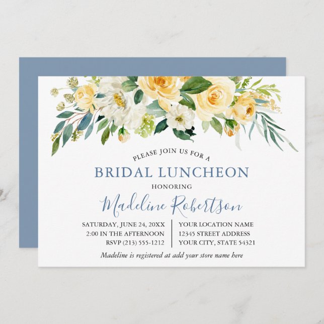 Watercolor Yellow Floral Dusty Blue Bridal Lunch Invitation (Front/Back)