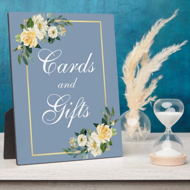 Watercolor Yellow Floral Dusty Blue Cards Gifts Plaque (Side)