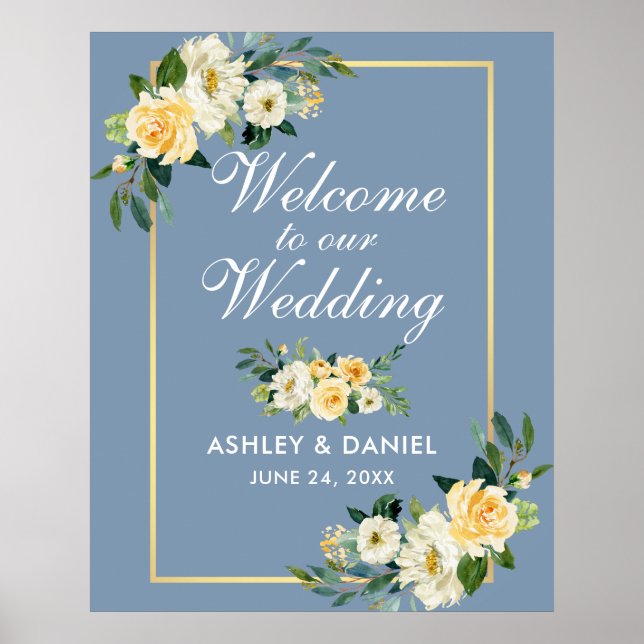 Watercolor Yellow Floral Dusty Blue Wedding Poster (Front)