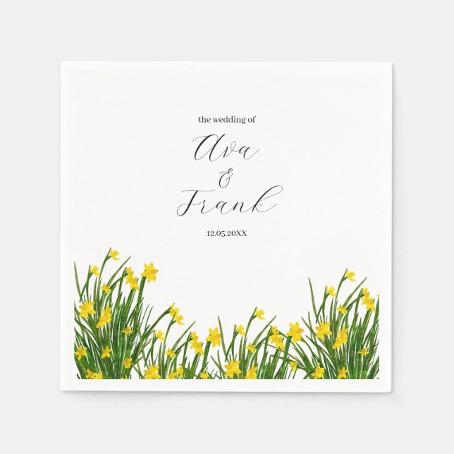 Watercolor Yellow Floral Garden White Wedding Napkin (Front)