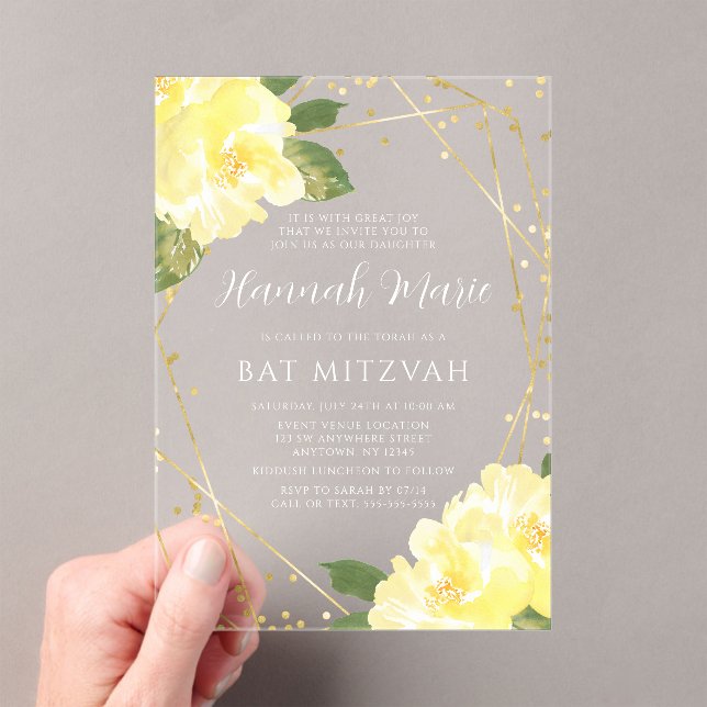 Watercolor Yellow Floral Gold Bat Mitzvah Acrylic Invitations (Insitu (Handheld))