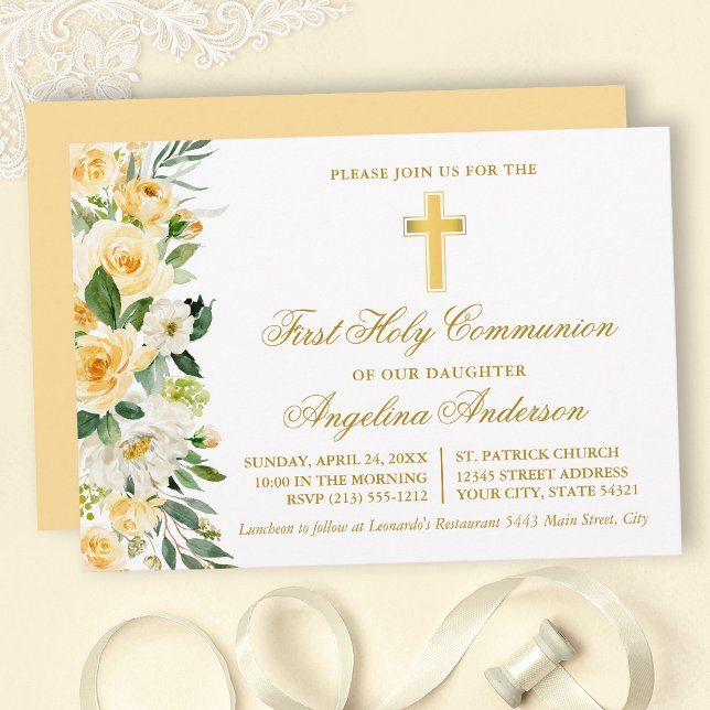 Watercolor Yellow Floral Gold First Communion Invitation (Customize to change text color, size, style or to change color of back of card.)