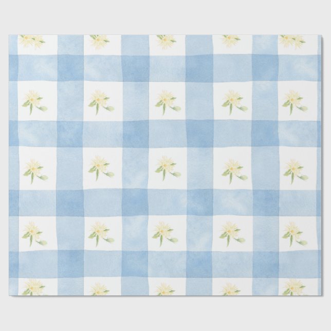 Watercolor Yellow Floral on Plaid Wrapping Paper (Flat)