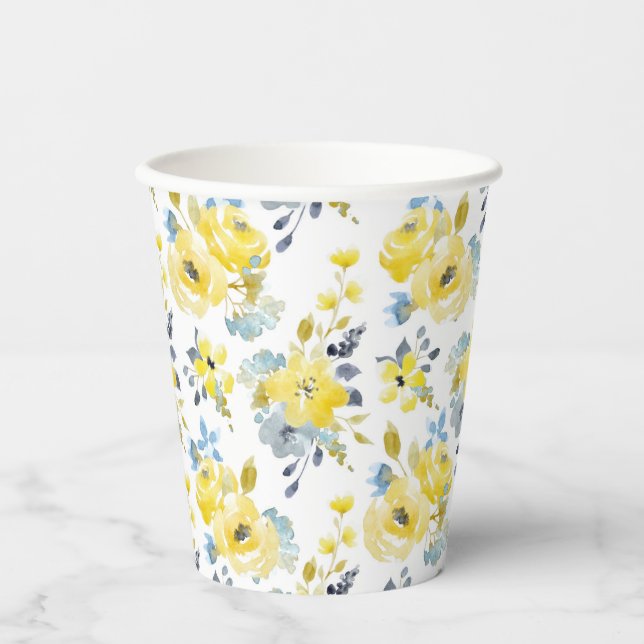 Watercolor Yellow Floral Pattern Paper Cups (Front)