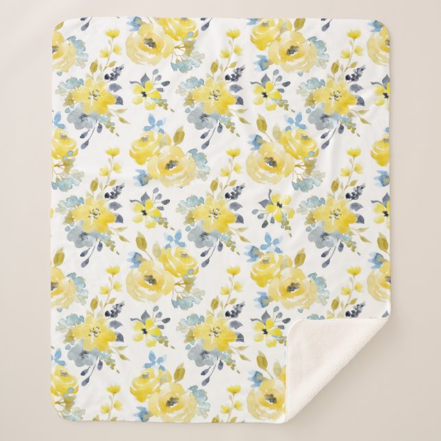 Watercolor Yellow Floral Pattern Sherpa Blanket (Front)