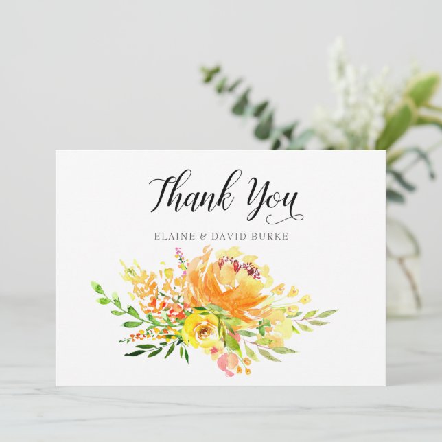 Watercolor Yellow Floral Rustic Wedding  Thank You Card (Standing Front)
