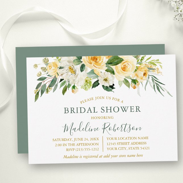 Watercolor Yellow Floral Sage Gold Bridal Shower Invitation (Customize to change text color, text style or color of back of card.)