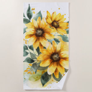 Watercolor Yellow Flowers Beach Towel