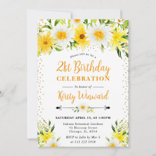 Watercolor Yellow Flowers & Daisies 21st birthday Invitation