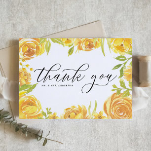 Watercolor Yellow Garden Roses Frame Wedding Thank You Card