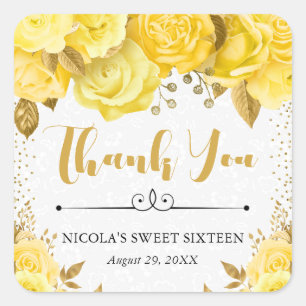 Watercolor Yellow Glam Roses Sweet Sixteen Square Sticker