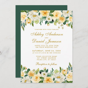 Watercolor Yellow Gold Green Elegant Wedding Invitation