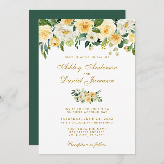 Watercolor Yellow Gold Green Wedding Invitation (Front/Back)