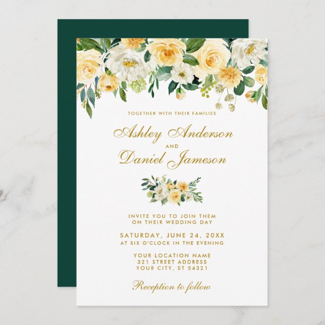 Watercolor Yellow Gold Hunter Green Wedding Invitation (Front/Back)