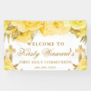 Watercolor Yellow Gold Roses 1st Holy Communion Banner