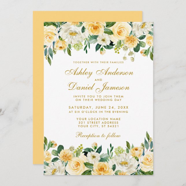 Watercolor Yellow Gold White Elegant Wedding Invitation (Front/Back)