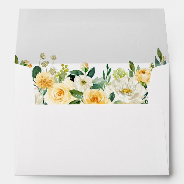 Watercolor Yellow Gold White Green Floral Wedding Envelope (Back (Bottom))