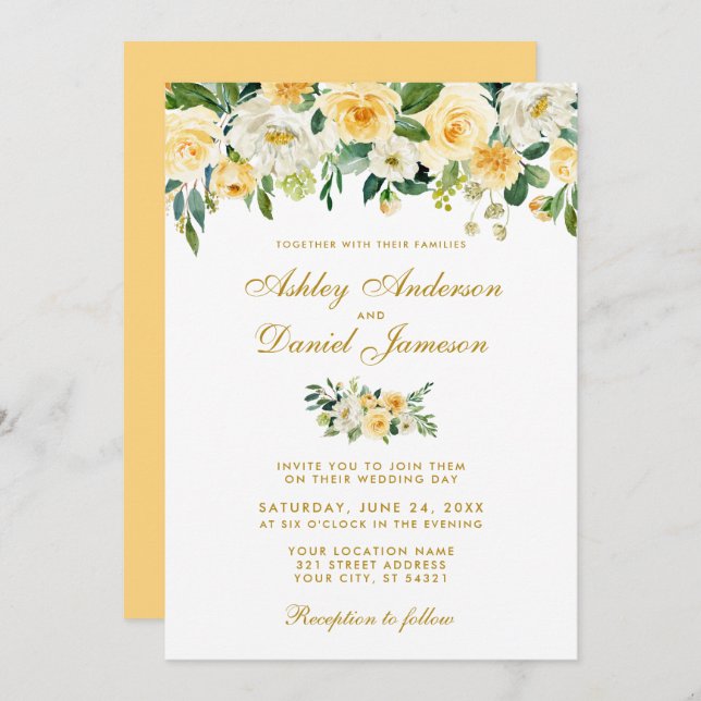 Watercolor Yellow Gold White Wedding Invitation (Front/Back)