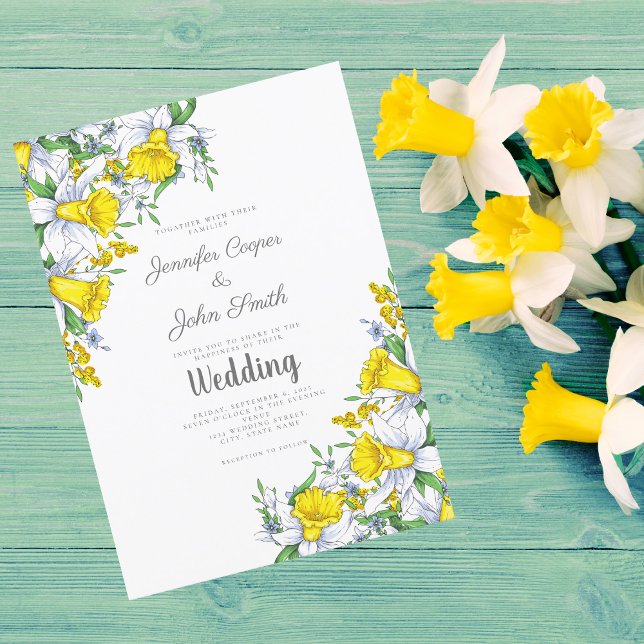 Watercolor Yellow Grey Daffodil Spring Wedding Invitation (Creator Uploaded)