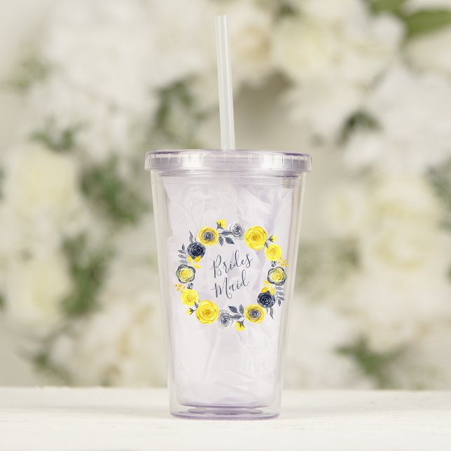 Watercolor Yellow Grey Floral Wreath Wedding Acrylic Tumbler (Creator Uploaded)